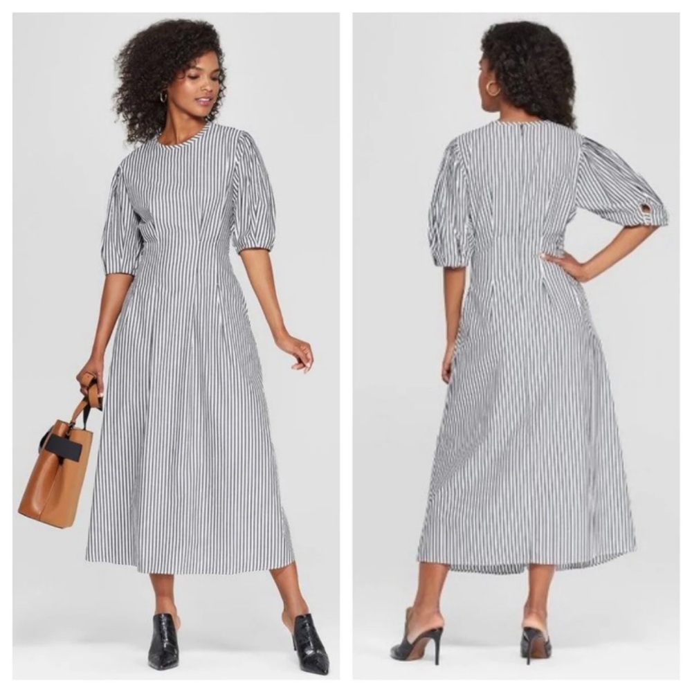 Sold - NWT Who What Wear striped puff sleeve midi dress